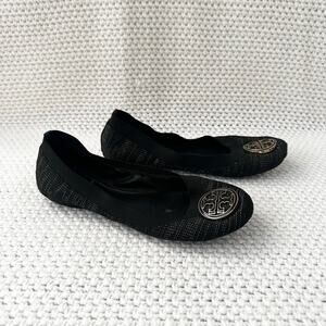 Tory Burch Black Gold Tweed Fabric Caroline Classic Reva Ballet Flats Shoes 6.5